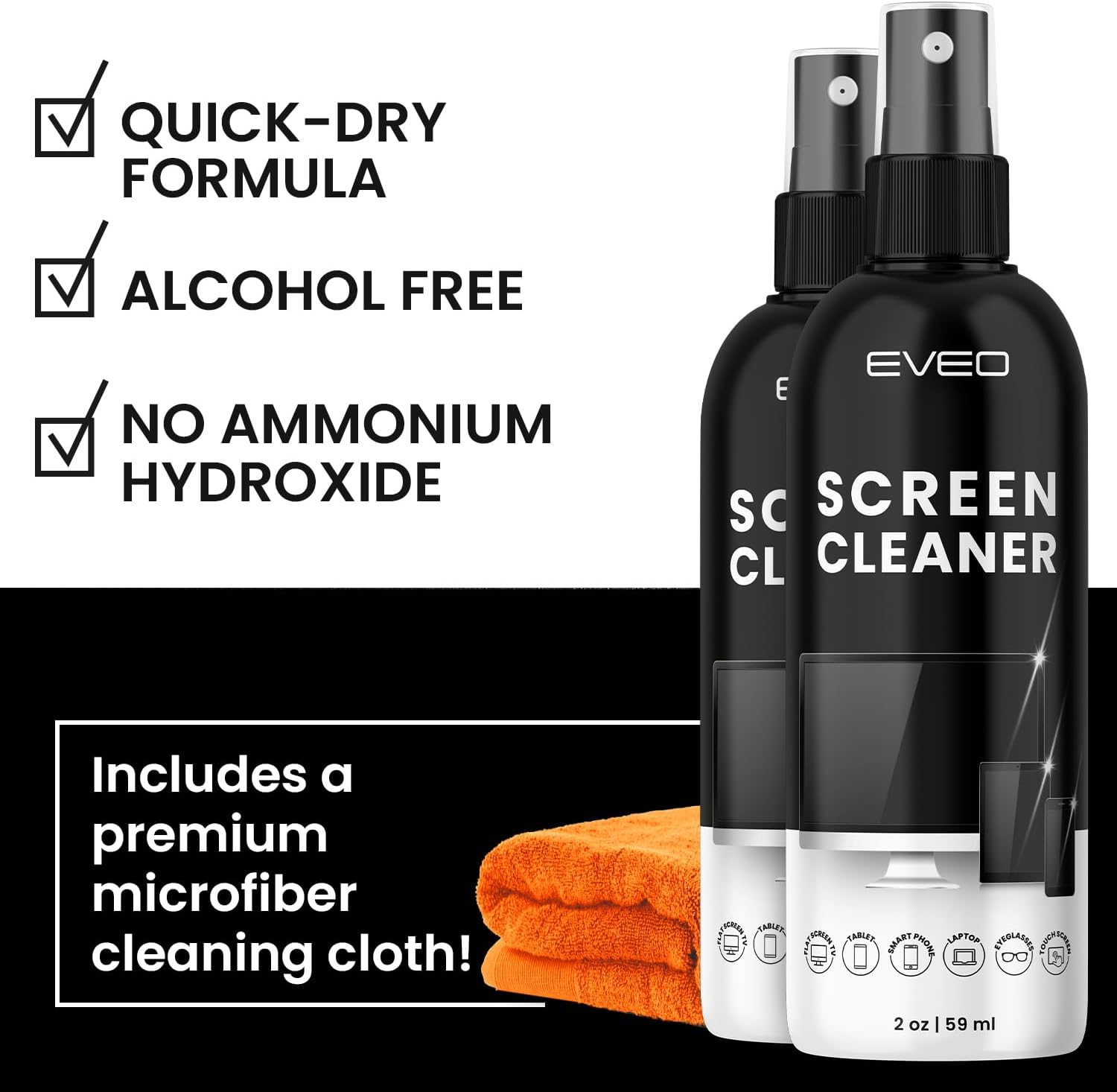 Screen Cleaner Spray 4oz(2ozx2) & Microfiber Cloth