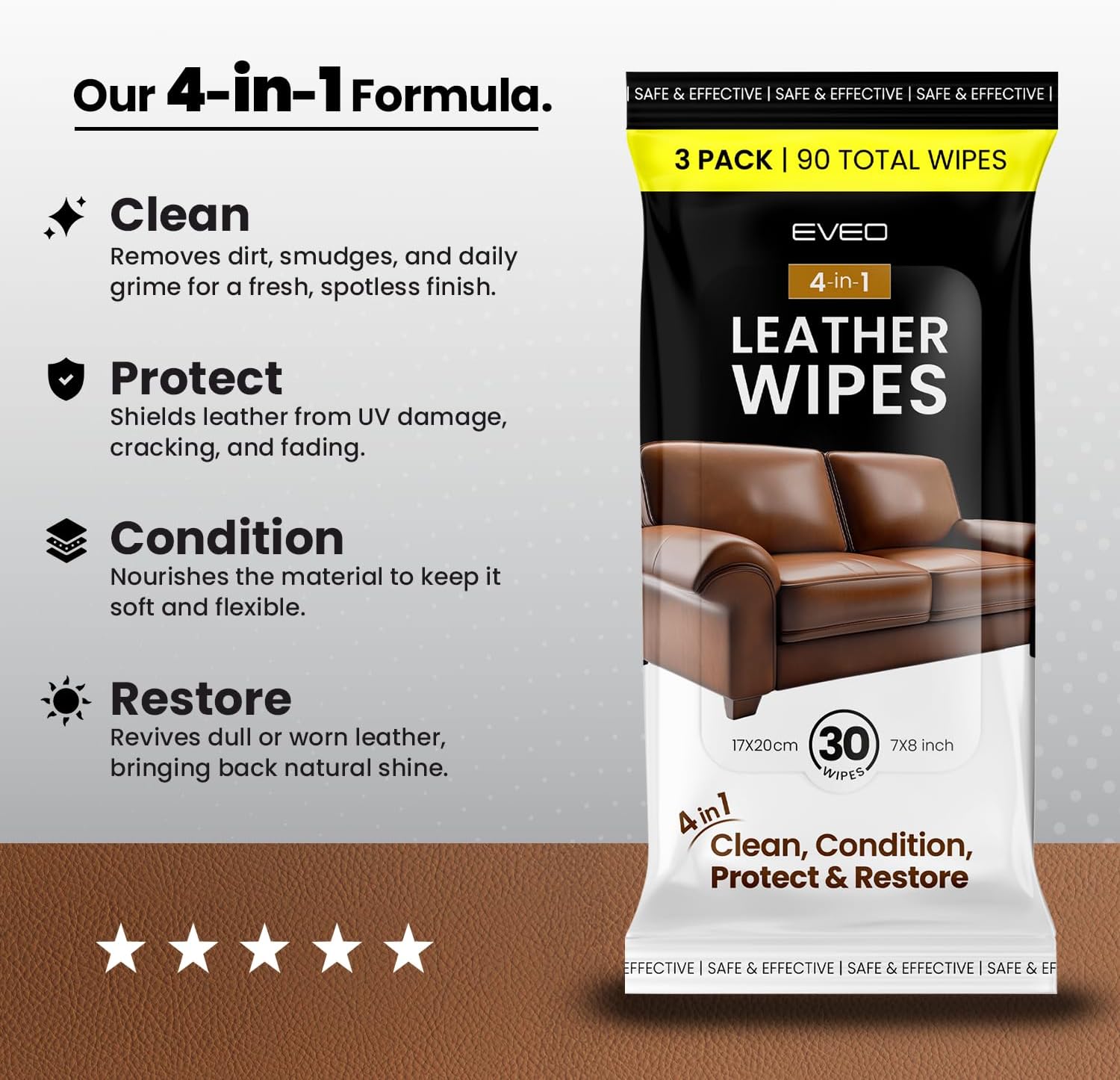 Leather Cleaning Wipes - (3 pack of 30 wipes) - 90 wipes